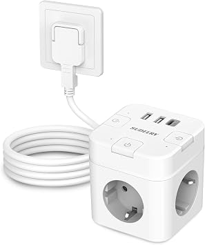3 Fach Steckdosenwürfel mit USB C Weiß 6 in 1 Steckdosenleiste Flachstecker mit Einzeln Schaltbar Mehrfachsteckdose Würfel mit 2m Kabel für Büro Hause Reisen