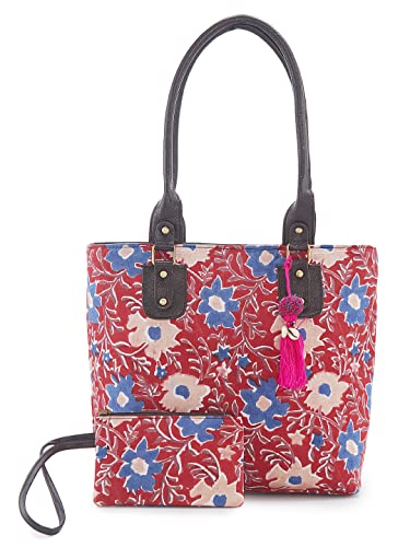 NEPRI Vegan Leather Handmade Bag For Women | Pouch Tote Bag | Printed Blockprint - Floral Red Orange | Set Of 2