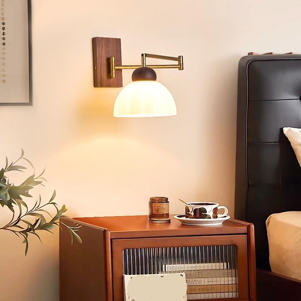 Lampy Ścienna Ramię Obrotowe Vintage Szklana Kopuła, Kinkiet Podstawa Drewno Styl Rustykalny Regulowany Oświetlenie Ścienne Sypialnia(18cm/7.08in)
