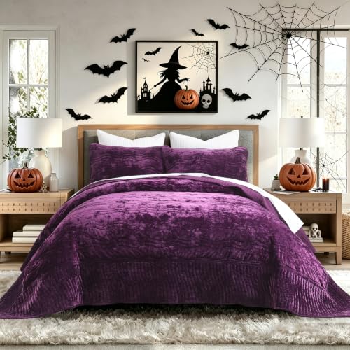 Image of Oversized King Patchwork Velvet Comforter,Purple Wave Pattern Quilt