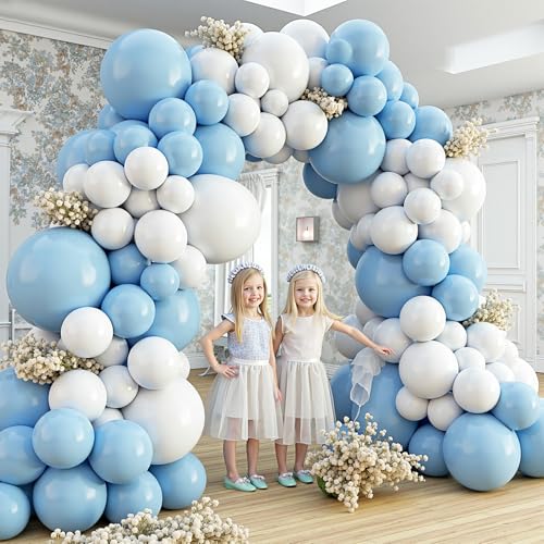 Image of 412Pcs Blue and White Balloon Arch Kit, 18 12 10 5 Inch Different Size Light Blue White Balloon Garland Kit for Baby Shower Graduation Birthday Wedding Party Decorations