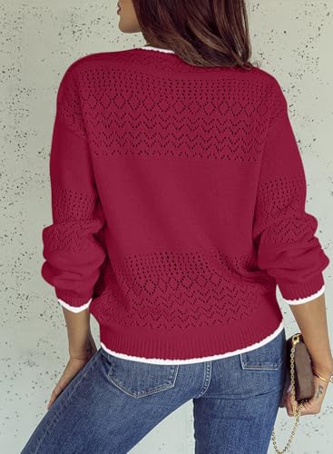 Image of SHEWIN Women's Sweaters Casual Long Sleeve V Neck Crewneck Lightweight Crochet Pullover Sweater Tops