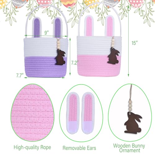 Image of Easter Basket Empty 2 PCS Bunny Woven Rope Easter Baskets for Kids Easter Hunt Baskets with Handle Bags Easter Gifts for Kids Toddlers Girls Boys Teens Set of 2 Pink and Purple