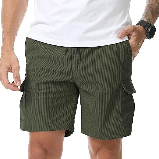 Suwangi Men’s Casual Corduroy Shorts Elastic Waist Drawstring Cargo Shorts with Multi-Pockets Lightweight Summer Beach Short