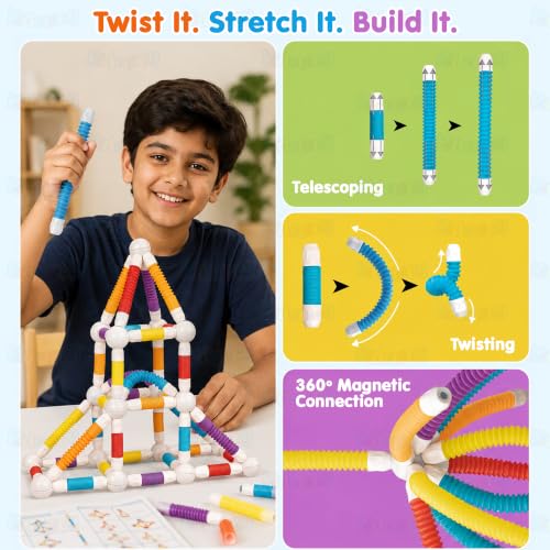 Image of Kidology 36Pcs Flexible Magnetic Balls & Suction Tubes Building Set for Kids Age 3+ Years | DIY STEM Mine World 3D Magnetic Bars Blocks | Brain Game Construction Toy for Boys & Girls | Birthday Gift