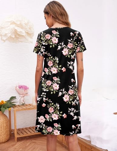 Image of Ekouaer Women's Nightshirt Short Sleeve Button Down Nightgown V-Neck Sleepwear Pajama Dress