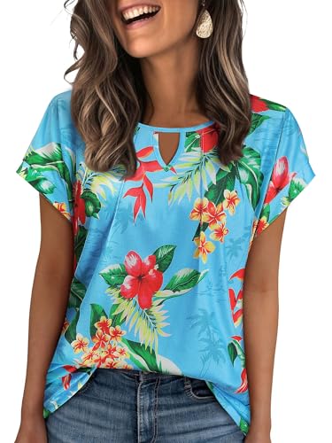 Ezcosplay Women Cap Short Sleeve Hawaiian Shirt Keyhole V Neck Pleated Tops Luau Party Tropical Floral Print Tshirt Tees