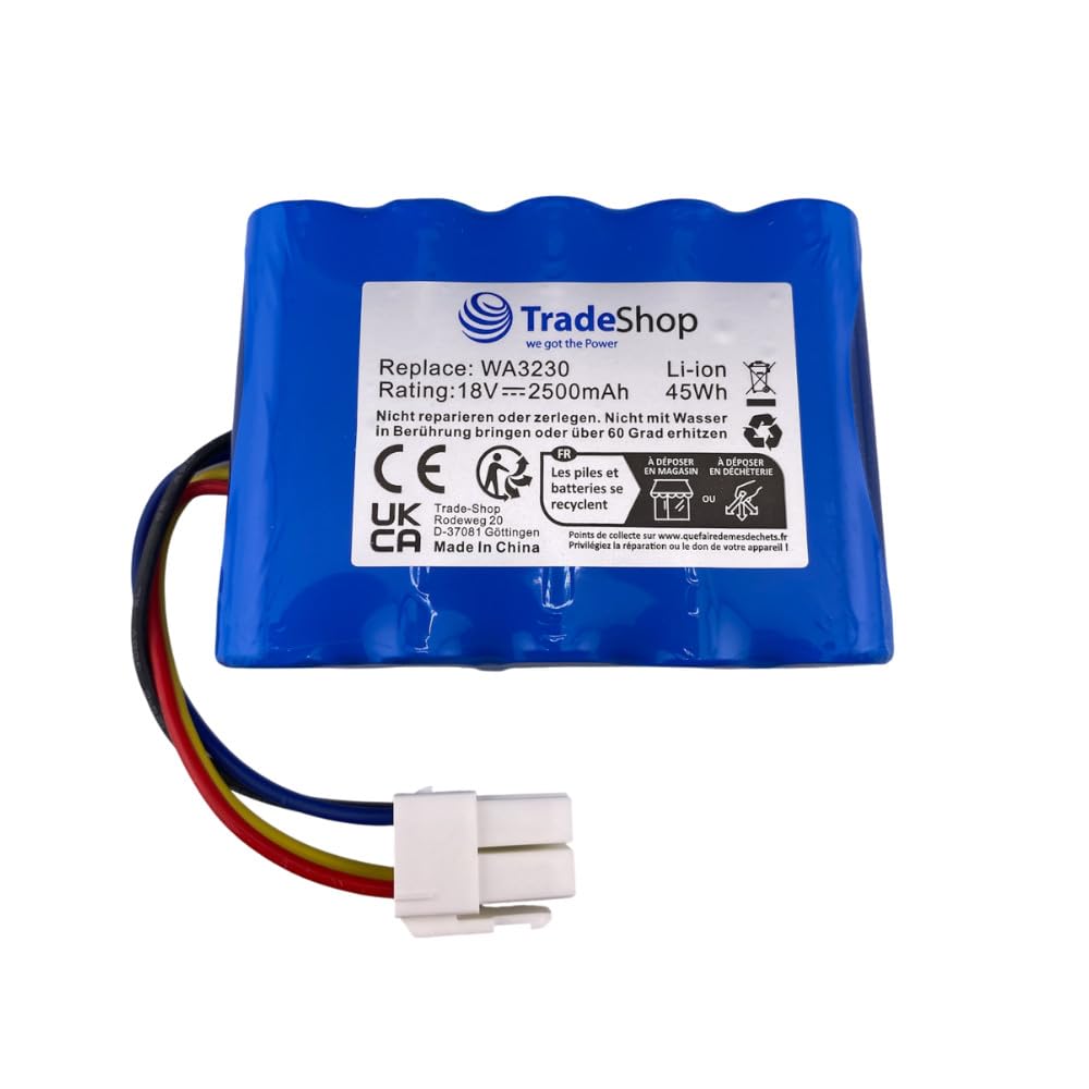 Trade-Shop - Juego de 2 baterías de ion de litio (18 V/2500 mAh, compatible con Sunseeker RMA301M20V RMA501M20V RMA801M20V RMA1001M20V cortacésped)