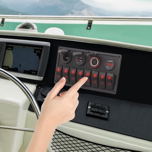 Panel de conmutación marina de 8 marchas, 12 V/24 V con interruptores LED, IP65 resistente al agua, para barco y yate, incluye voltímetro, puerto USB dual y encendedor de cigarrillos, panel