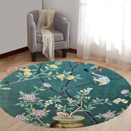 Rug-QJDDUP - Area Rugs Circle,Green,Round Diameter 130 cm, Orange Yellow Forest Green Landscape Decoration Pattern, Indoor Floor Cover Rug Non Slip Washable, Living Room Bedroom Dressing Room,