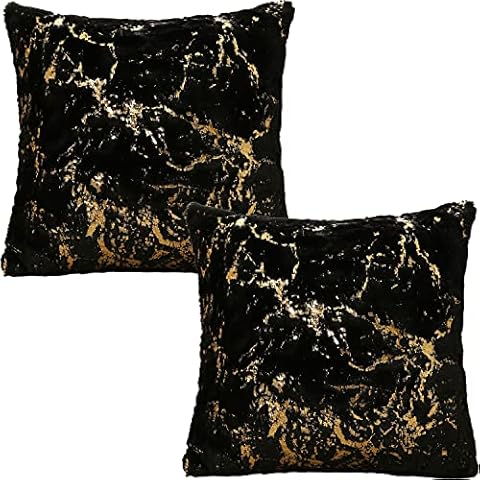 Tennove Cushion Covers 43×43cm Soft Plush Faux Fur with Golden Line Pattern Pillow Cushion Cases Pack of 2 Square Decorative Throw Pillow Covers Cushion Protectors for Sofa Couch Bed Bench Décor Cover
