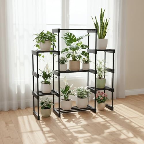 Image of KYARI 7 Tier Metal Plant Stand - Heavy Duty Black Powder Coated Vertical Plant Rack | Rust-Proof Multi Layer Flower Pot Stand for Balcony, Living Room & Outdoor Use (DIY Assembly Required)