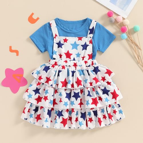 Image of Toddler Baby Girl Summer Clothes Kids Short Sleeve Solid T-Shirt Ruffle Daisy Skirts Overalls Dress Outfit 18M-6T