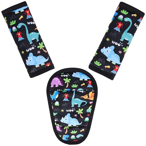 AZAMIA 3 Pcs Car Seat Stroller Straps Pads for Baby, Soft Shoulder Strap and Crotch Covers, Universal Shoulder Straps Pads for Car Seat, Pushchair, High Chair (Dinosaur)