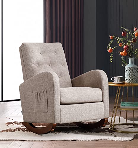 KINFFICT Comfy Rocking Chair, Upholstered Accent Glider Rocker for Baby Nursery or Relaxation, Living Room Armchair with High Back and Buttons Decor, Modern Rocking Glider with Side Pocket, Camel
