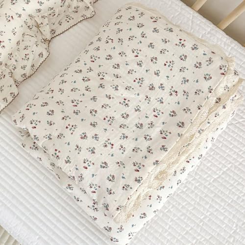 Image of BuLuTu Elegant Floral Muslin Quilt Blankets for Kids Boys Girls Toddler Bed Blanket with Lacey Edges Soft Lightweight Toddler Comforter Crib Quilt for All Seasons, 47x59 Inches
