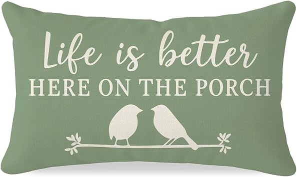 PANDICORN 12x20 Throw Pillow Cover, Life is Better Here on the Porch, Spring Garden Cottage Front Porch Decor and Decorations, Outdoor Lumbar Pillow Cover for Patio Sofa and Bench, Sage Green