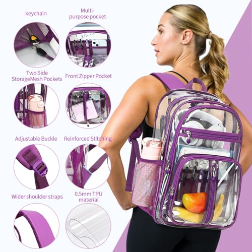 Image of Cusangel Clear TPU XL Backpack for Women,18 inch See Through Heavy Duty Bookbag | Warehouses, Airport and other security check locations(Purple)