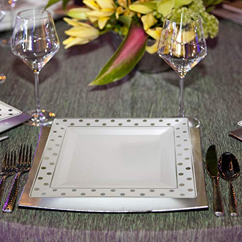 Oasis Creations White Square Plates With Silver Polka Dots On Rim 10" - 50 Count - Premium Hard White Plastic -Disposable And Reusable-Salad Plate -Appetizer Plate -Dinner Plate -Party Plate Set #TOP5