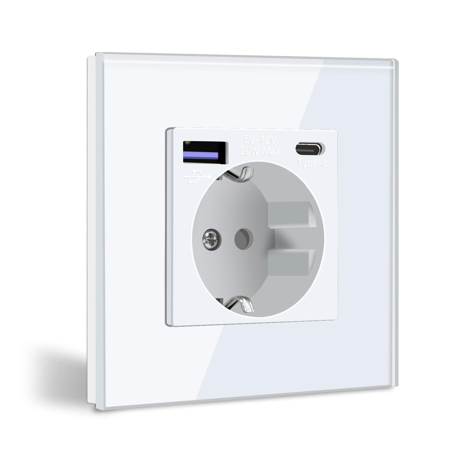 BSEED Enchufe de Pared con USB C 20W, Blanco Schuko Enchufe con Cargador Rápido USB Tipo C, 1 Gang Toma de Corriente con 2xCargadores USB y Typ C, Enchufe Integrado Adecuado