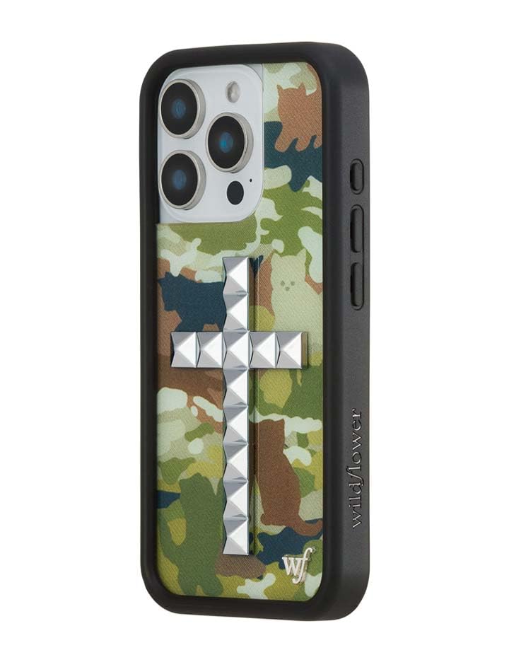 Image of Wildflower Cases - iPhone 16 Pro Compatible - Stud Cross Cat Camo | Impact-Certified 6.5 ft Drop Protection Case, Raised Protective Bumper, Cute Aesthetic Design, Women-Owned Small Business