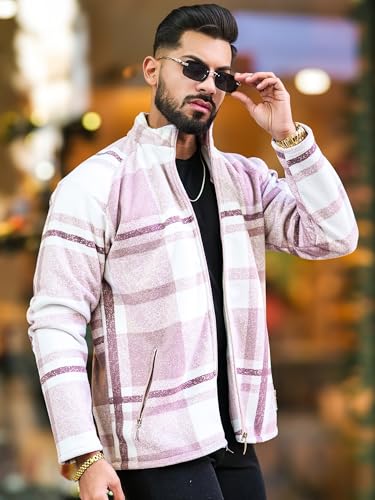 Image of Maniac Mens Checkered Full Zipper Fullsleeve Polyester Blend Fleece Shacket for Men