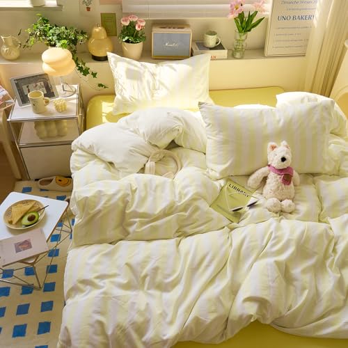 Image of EAVD Retro Yellow Striped Duvet Cover Full Soft Washed Microfiber Boho Yellow and White Vertical Striped Bedding Set with 2 Pillowcases Farmhouse Reversible Geometric Comforter Cover with Zipper
