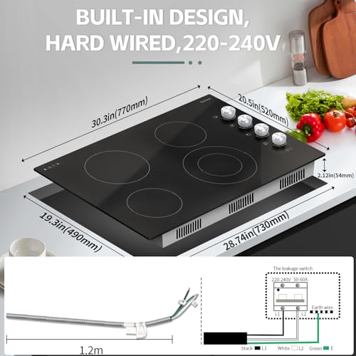 Image of Karinear 30 Inch Electric Cooktop 4 Burners, Knob Control Ceramic Cooktop | 30 inch Radiant Electric Stove Top, Glass Protection Metal Frame,Hot Surface Indicator, 220-240V, HardWire, No Plug, Sliver Knob