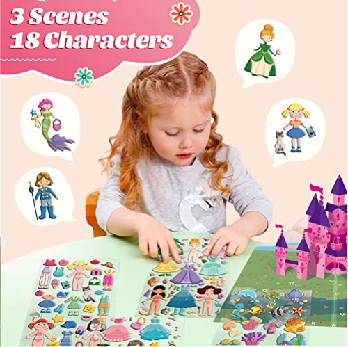 Kids Puffy Stickers - 3D Reusable Stickers Activity Pad With Pop Up Castle, 320+ Stickers With 3 Scenes, Dress-Up Princess, Mermaid, Fashion Show. Travel Toys For Kids, Fold And Go Sticker Pad. #TOP1