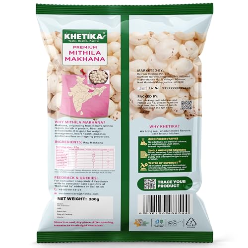 Image of Khetika Premium Mithila Makhana 200g | Fit for Fasting, Foxnut, Premium Lotus Seeds, Rich in Calcium, Natural & Crunchy, Direct from Farm, Pesticide Free (Pack of 2)