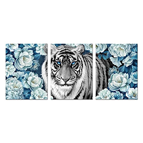 Welmeco Wildlife Black And White Tiger With Blue Eyes In White Magnolia Flowers Painting Giclee Canvas Prints Gallery Wrapped Animal Floral Artwork For Living Room Bedroom Home Office (12X16X3) #TOP19