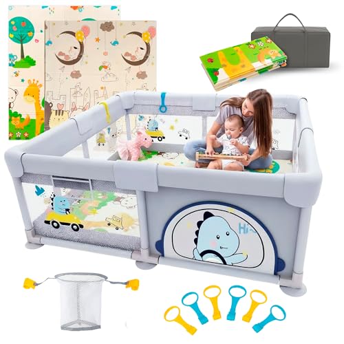 PARVULI Parque Infantil Bebe 120x120cm - Corralito Bebe con 6 agarraderas y Alfombra de Juegos Acolchada - Parque Bebes para Casa Plegable con Malla Transpirable y Vayas con Protecciones