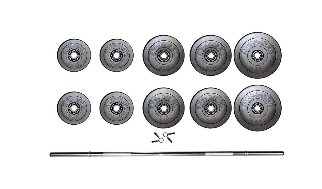 TrainHard BlackCombo ławeczka do podnoszenia ciężarów, wielofunkcyjna, składana i regulowana, z obciążeniem od 50 kg do 160 kg, długa sztanga krótka, sztanga łamana, np. wybór (z hantlami o wadze 50 kg)