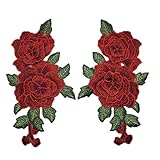 YABINA 2PC 9X 5.11 Inch 3D Embroidery Rose Flower Iron on Sew on Patches Embroidery Applique Patches for Jeans, Neckline Collar Bust Dress, Clothing, Bags (Red)