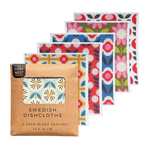 6 Pack Swedish Dishcloths – Mixed Colours Reusable Cleaning Cloths – 100% Biodegradable & Compostable Eco Friendly Kitchen Cloths – Washable Absorbent Sponge Alternative for Dishes (Floral)
