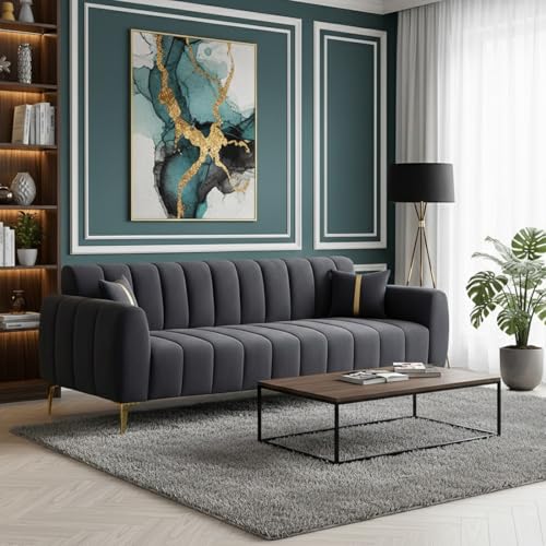 Image of Furny Harmon 3 Seater Fabric Sofa Set (Dark Grey) | Soft Velvet Fabric | Modern Design | Comfortable Seating | Living Room Furniture