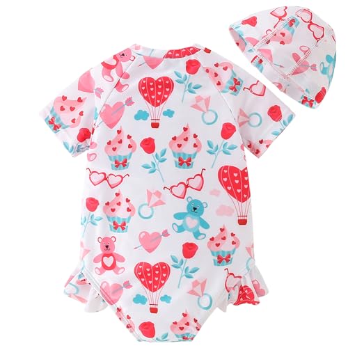 Image of AIWUHE Toddler Girls One Piece Swimsuit Ruffle Rash Guard Zipper Bathing Suit Short Sleeve Swimwear with Hat UPF 50+ 1-5T