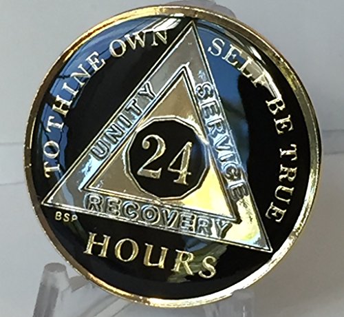 24 Hours Classic Black Tri Plate Aa Medallion Sobriety Chip Gold & Nickel Plated #TOP8