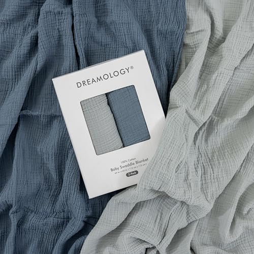 Image of Dreamology Muslin Swaddle Blankets Set,Receiving Blankets for Baby Girl,Boy,2 Pack,100% Cotton,Soft & Breathable Muslin Blanket,Swaddling blankets for newborn,44 x 44 Large Swaddle Blanket | Gray,Blue