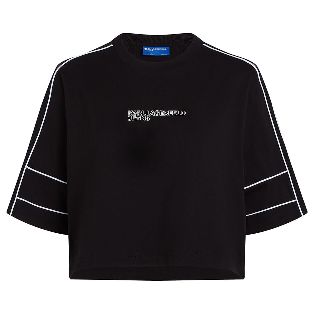 KARL LAGERFELD JEANS Women Relaxed Cropped Piping T-Shirt Black S
