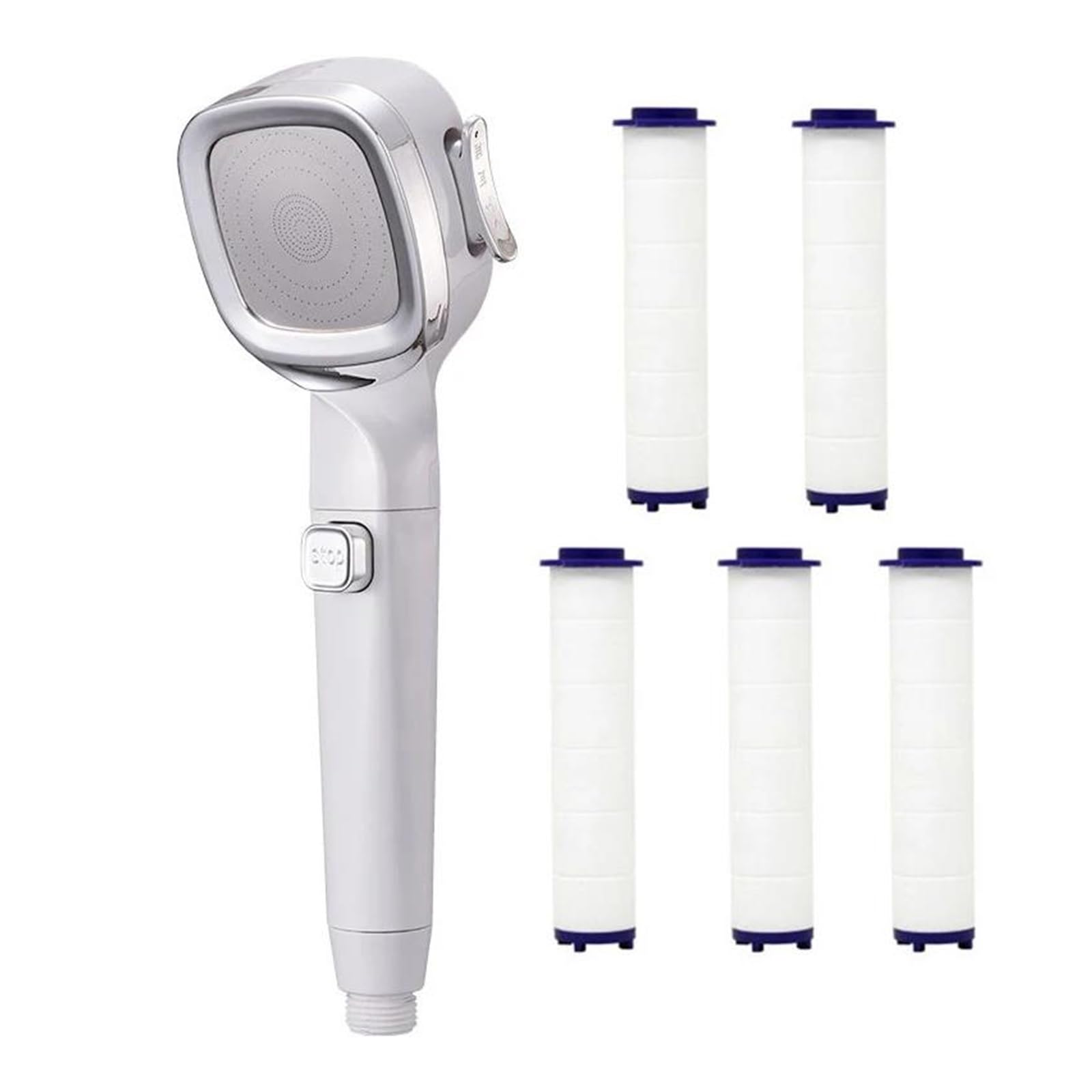 Cabezal de ducha de alta presión de 4 modos con botón de encendido y apagado, rociador, ahorro de agua, boquilla de ducha ajustable, filtro(White with 5 filter)
