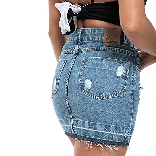 Saia Jeans e Sarja Curta Cintura Alta Desfiada Cor:Marmorizado;Tamanho:40