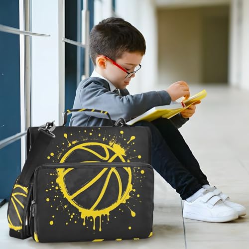Image of 3 Ring Zipper Binder with Shoulder Strap Yellow Basketball Splash Black 1.5 inch Binders Keeper Large Capacity Multi Pockets for School Office Supplies