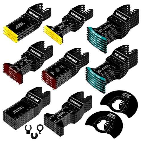 TOPOARC 60 PCS Oscillating Tool Blade Professional Curved Edge Multitool Blades Titanium Oscillating Saw Blades Quick Release Saw Blades Kits Compatible with Dewalt Milwaukee Rockwell Fein Makita