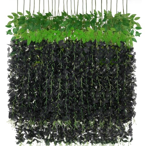 Siyaluens 12Pcs Artificial Wisteria Hanging Flowers 3.6Ft/Pcs Black Fake Wisteria Garland for Wedding Party Home Garden Indoor Outdoor Decoration