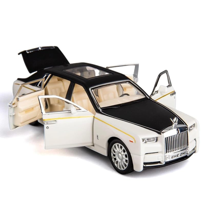 Image of PINQUE Kids New Car 1:24 Phantom Diecast Alloy Metal Pull Back Car with Openable Doors Music Sound and Light Vehicle Toy Car for Boys (White)