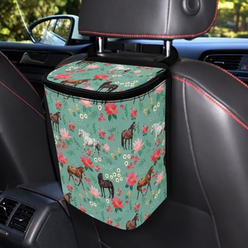 Image of Talayituse Horse Flower Print Car Trash Can with Lid, Leak Proof Auto Trash Bag Hanging Vehicle Garbage Can Multipurpose Storage Container for Back Seat Road Trip