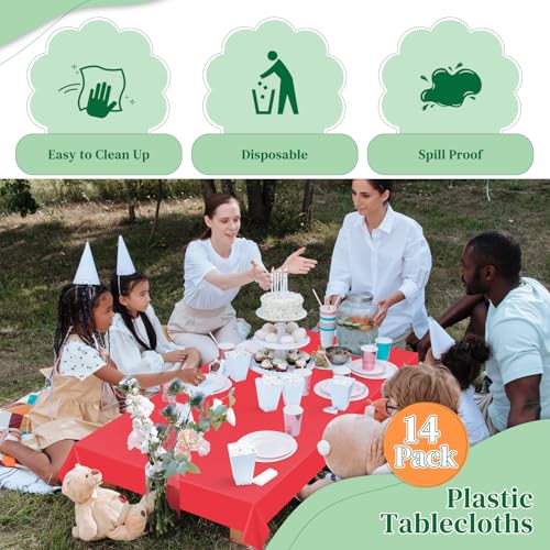Image of Red 14 Pack 54 x 108 Inch Plastic Tablecloths, Disposable Rectangle Tablecloth, Party Table Cover Plastic Table Cloth