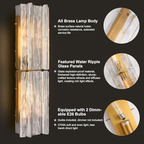 Image of Modern Brass Wall Sconce,30in Gold Large Clear Glass Wall Sconces with Water Ripple,Indoor Hardwired Wall Sconces for Large Spaces,Living Room,Hallway,Stairway Sconces Wall Lighting,Included E26 Bulbs
