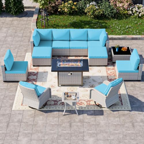 Image of Outdoor PE Wicker Rattan Modular Patio Sectional Sofa Set | 13-PC: 6 Modular Seats, Coffee Table, Swivel Rocking Chairs, Side Table, Ottomans & 55,000 BTU Fire Pit Table, Lake Blue